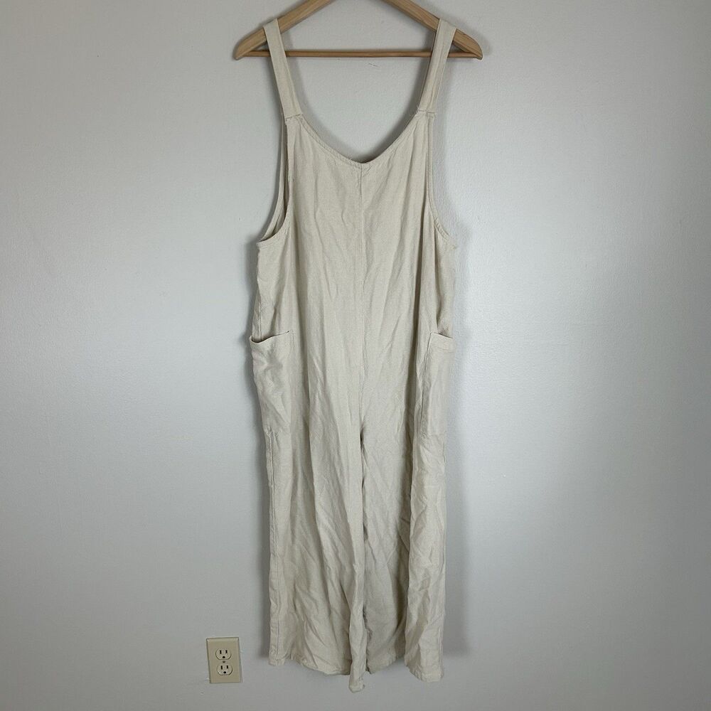 Hunter & Brown Linen Jumpsuit Beige Oat Size L Overalls Bib Wide Leg